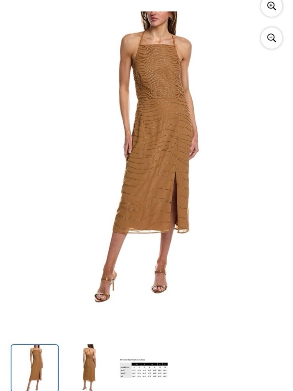 French Connection Tan Halter Midi Dress with Subtle Metallic Trim